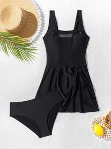 Swim Lushoire 2pcs Women Solid-Color Mesh Panel Tie Up Top And High Waist Bottoms Swimsuit Set Summer - Black - View 4