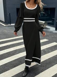 SHEIN LUNE Vestido de manga larga con cuello redondo y bloques de color con estilo francés elegante, adecuado para reuniones familiares - Negro - Ver 4