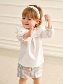 SHEIN Baby Girl Cute Floral Lace Collar Cap Sleeve Top With Cinched Waist Shorts Set, Vintage Plaid, Spring/Autumn Outdoor Newkids Outfit - Multicolor - View 5