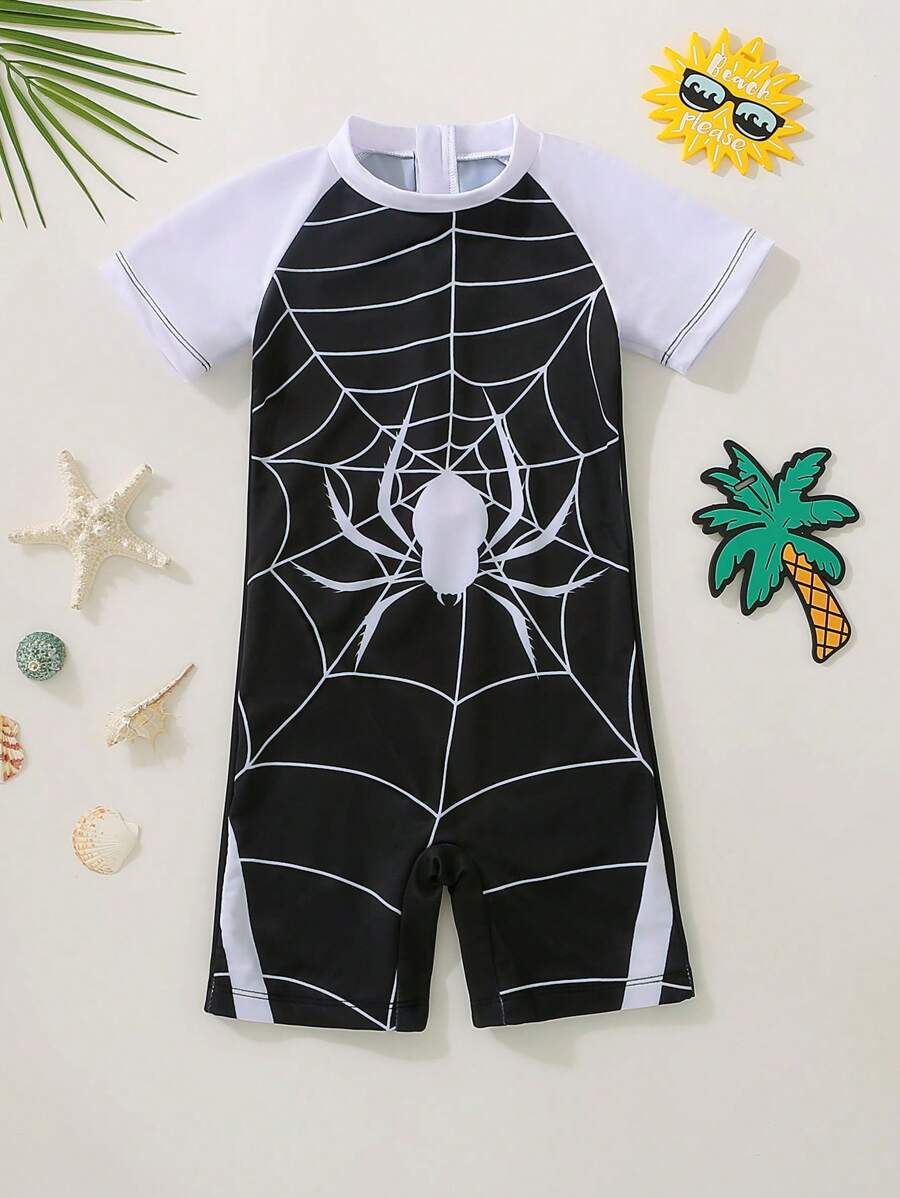 1pc Young Boy Contrast Color Zip-Up One-Piece Swimsuit, Spider Print Cartoon Pattern, Suitable For Beach, Surfing, Water Park, Swimming, Fashionable Streetwear - Black and White - View 1