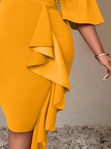 Maweii Plus Size Women Tight Stretch Knee-Length Dress, Ruffle Patchwork Waist Slimming Fitted Dress, Autumn