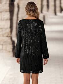 EMERY ROSE 女士时尚黑色亮面长袖迷你通勤连衣裙 - 黑色 - 查看 2