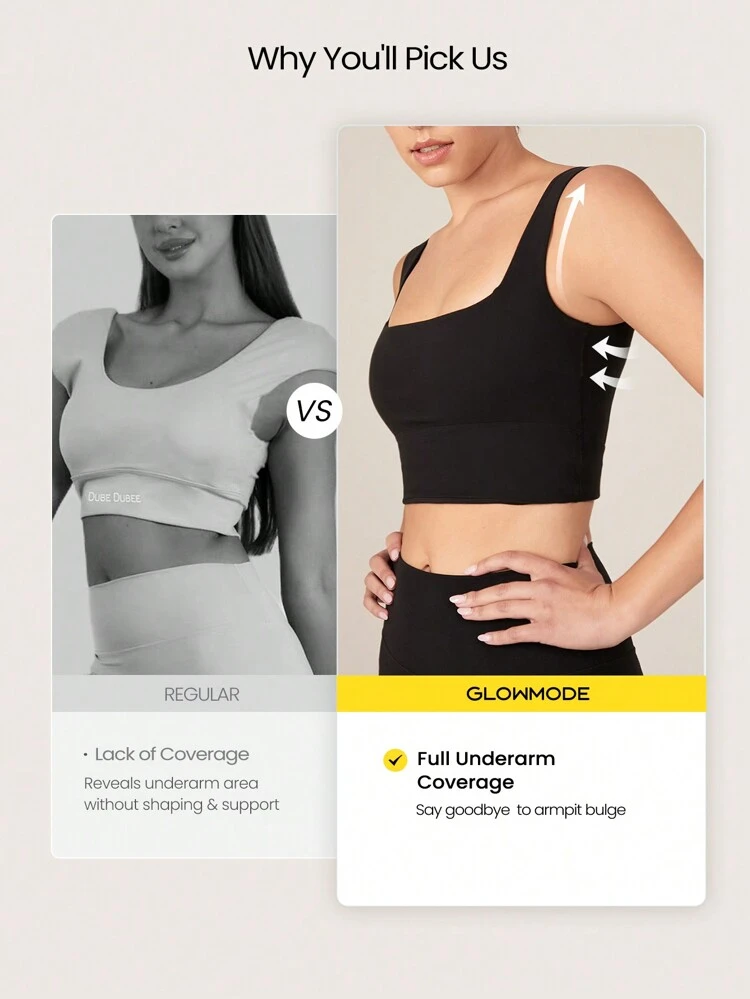 FeatherFit™ Full Coverage Side Support Square Neckline Sports Bra Longline Bra Light Support Low Impact Yoga Pilates Daily