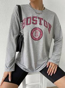 SHEIN Unity Letter Graphic Drop Shoulder Tee Graphic Tees Women Tops - Grey - View 4