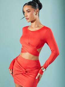 Hauture 2pcs/Set Women Solid Color Round Neck Long Sleeve Hollow Simple Top & Mini Skirt