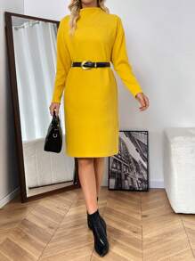 SHEIN LUNE Women's Solid Color Stand Collar Dropped Shoulder Long Sleeve Loose Fit Slimming Straight Casual Dress, Autumn - Yellow - View 3