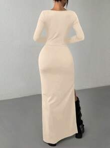 SHEIN EZwear Plus Size Women's Fall Clothes Solid Color Round Neck Long Sleeve Split Casual Dress - Apricot - View 2