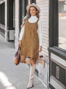 SHEIN LUNE 女士灯芯绒刺绣吊带短款连体裤 - 卡其色 - 查看 2