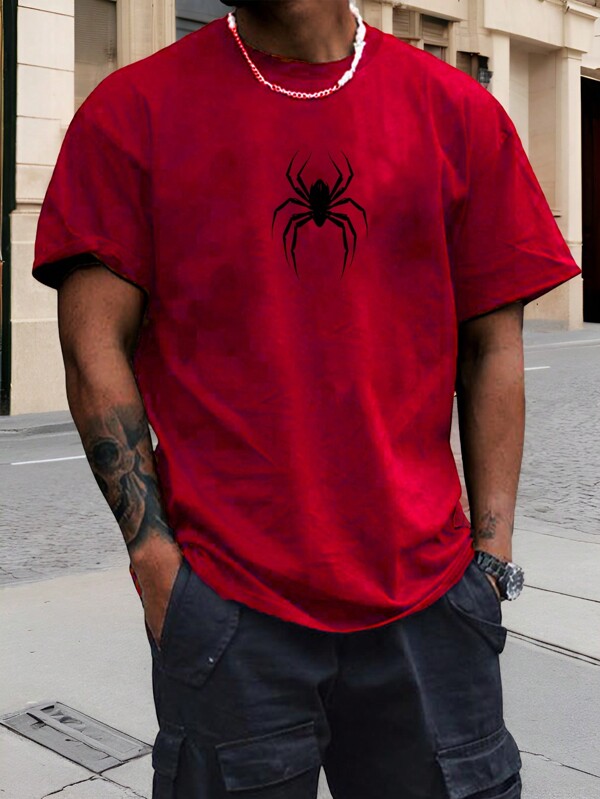 Manfinity ZONE917 Camiseta De Manga Corta Con Estampado De Patrón De Araña Para Hombre, Perfecta Para El Verano