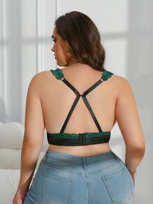 舒适闪亮花卉蕾丝无钢圈二合一可调节交叉肩带吊带文胸，加大码无钢圈胸罩