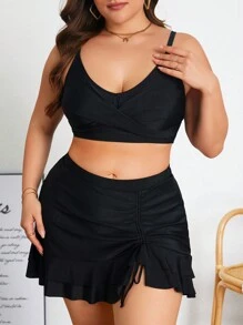 Swim Lushoire Conjunto de 2 piezas para mujer talla grande de unicolor con parte superior cruzada con dobladillo fruncido y Bottom plisada con cordón lateral, para uso diario, resort o playa en verano - Negro - Ver 5