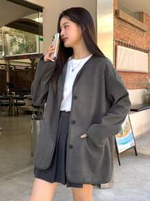 INAWLY 1 件女士休闲优雅保暖宽松纽扣长袖夹克，秋冬 - 深灰色 - 查看 6