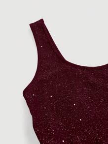 Eryvara Vestido negro ajustado de Body con diseño asimétrico, tirantes finos, espalda descubierta, volantes y abertura, con lentejuelas. Vestido largo burdeos maxi para mujer - Burdeos - Ver 5