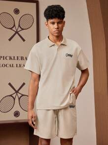 SHEIN Explorewe 2pcs/Set Teen Boy College Casual Style Short Sleeve Polo Shirt With Elegant Pattern & Drawstring Waist Shorts Set, Spring/Summer New Prep - Khaki - View 5