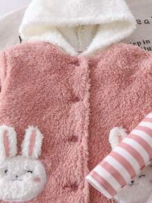SHEIN Áo khoác trùm đầu hoạt hình màu hồng dễ thương cho bé gái, bộ áo len sọc và quần dài, mùa thu/đông - Hồng - Xem 6