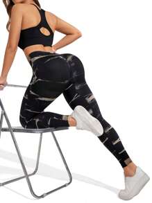 SHEIN Sports 扎染高腰无缝塑身运动紧身裤瑜伽女裤 - 彩色 - 查看 2