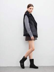 CUCCOO BIZCHIC Botas negro de media pantorrilla con detalles de botones rizado, botas de mujer estilo caballero, plataforma de tacón plano de tacón grueso, botas de motociclista