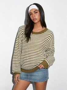 Flirla 1 pieza Suéter de cuello redondo de punto con textura y bloques de color casual y versátil de color caqui para mujer, otoño/invierno