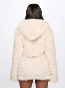 SUMWON WOMEN Luxurious Faux Fur Cropped Hooded Winter Coat Two Piece Set Party Club Wear Fashion Statement Outerwear Plush Jacket Mini Skirt Ensemble - Baby Pink - View 2