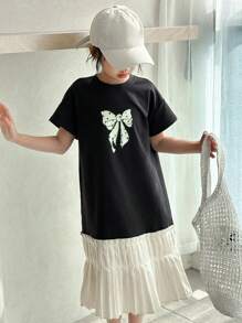 Dazy Kids Tween Girl Round Neck Knit Short Sleeve Bow & Floral Print Patchwork Dress, Summer,Back To School Clothes - Black - View 6