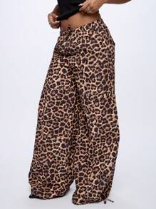 SUMWON WOMEN Designer Leopard Print Wide Leg Cargo Pants With Drawstring, Relaxed Fit Casual Style Statement Bottoms For Street Fashion, Travel, Resort Wear - Multicolor - View 4