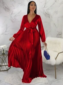 女士纯色斜襟 V 领长袖褶边连衣裙，优雅春夏季 - 紅色 - 查看 7