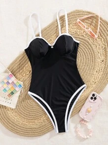 Swim Vcay 1pc Women's Solid Color Swimsuit With Soft Cup Underwire And Contrast Color Blocking Design, One-Piece Summer