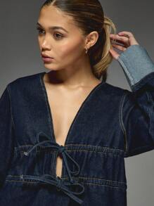 MISSGUIDED Bow Detail Plunge Neck Long Sleeve Denim Mini Dress