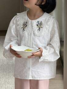 DAZY Young Girl Front Button Long Sleeve Embroidered Casual Shirt - White - View 7
