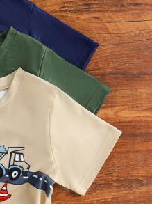 paquete de 3 camisetas de manga corta con cuello redondo para niños pequeños con estampado de coches y camiones de dibujos animados, de uso diario y para la escuela, para el verano
