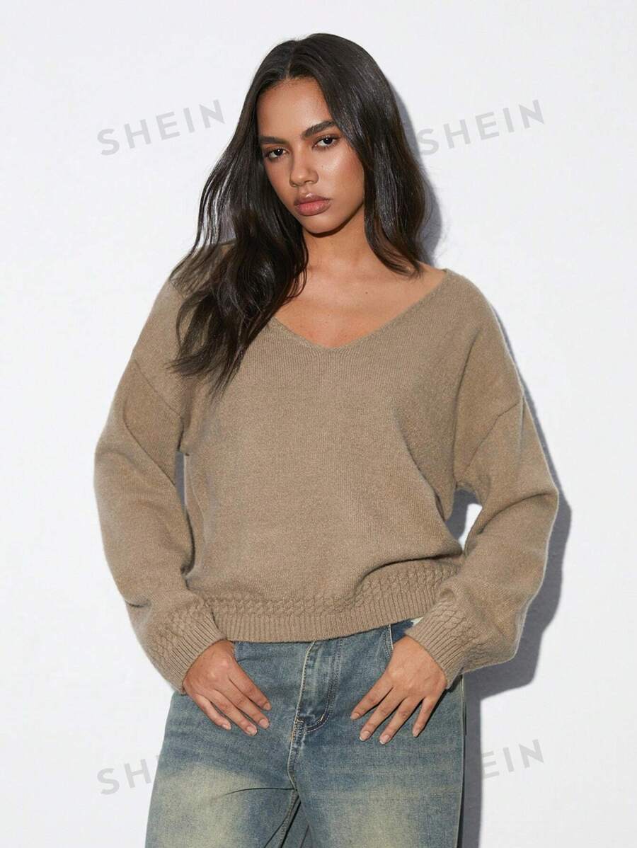 SHEIN Unity 1 pieza Suéter de punto de cuello en V con textura de manga larga, casual y versátil, suéter de punto de otoño/invierno para mujer