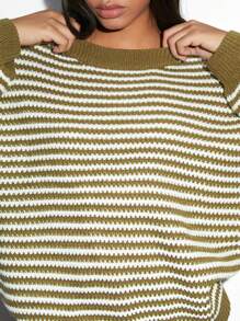Flirla 1 pieza Suéter de cuello redondo de punto con textura y bloques de color casual y versátil de color caqui para mujer, otoño/invierno