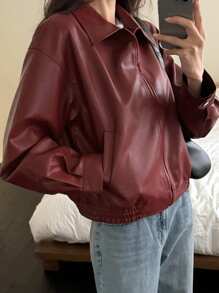 DAZY Women Casual Plain PU Regular Jacket, Spring,Fall Clothes - Burgundy - View 1