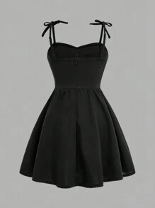 SHEIN Tween Girls Rochie elegantă, casual, fără mâneci, cu fundă decorativă, cu volane și rochie plină, potrivită pentru acasă, ieșire, petrecere, primăvară/vară/toamnă/iarnă, rochie prințesă, rochie neagră mică, Ziua Îndrăgostiților