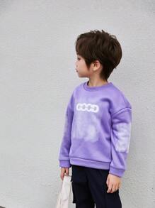 SHEIN 2 件年轻男孩时尚紫色圆领长袖上衣和运动裤套装，复古风格紫色上衣，搭配街头风格渐变标志印花，舒适宽松，易于穿着，适合 4-7 岁男孩春秋冬季参加学校、派对、运动和舞蹈。 - 彩色 - 查看 5