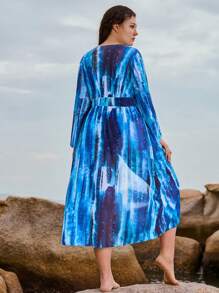Swim Oasis Conjunto de 2 piezas para mujer talla grande - Traje de baño de una sola pieza con recorte calado de 3 capas, decoración metálica y contraste de color azul, con bata holgada de manga larga para cubrir, cómodo y de alta gama para el verano