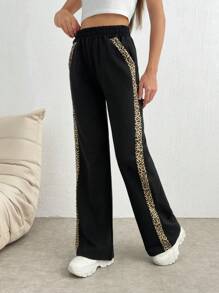 SHEIN Tall Pantaloni neri a gamba larga con dettagli leopardati sulla pancia - nero - Visualizzare 5