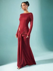 SHEIN Haute 冬季女装，女士优雅酒红色长袖镂空系带前长裙，优雅女装，圣诞女装，舞会礼服，红色连衣裙，长袖连衣裙。适合约会之夜、音乐会、表演、婚礼、派对、俱乐部、晚会、正式礼服 - 紅色 - 查看 4