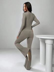 SHEIN EZwear 2 件套女士纯色前拉链长袖上衣和长裤 - 卡其色 - 查看 2