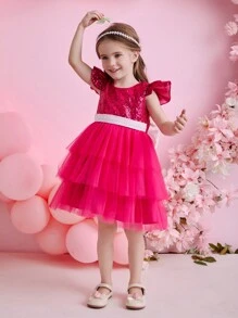 Glamorique Kids Robe de princesse pour banquet et fête de jeune fille, 4 saisons. Robe en tulle et maille sequinée fuchsia, costume de performance adorable - Rose vif - Voir 2