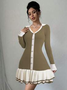 Chiquease Vestido de punto casual con bloqueo de color y volante en el bajo, para otoño/invierno