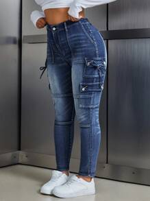 SHEIN ICON Plus Size Front Button Pocket Simple Denim Jeans, Casual Daily Wear