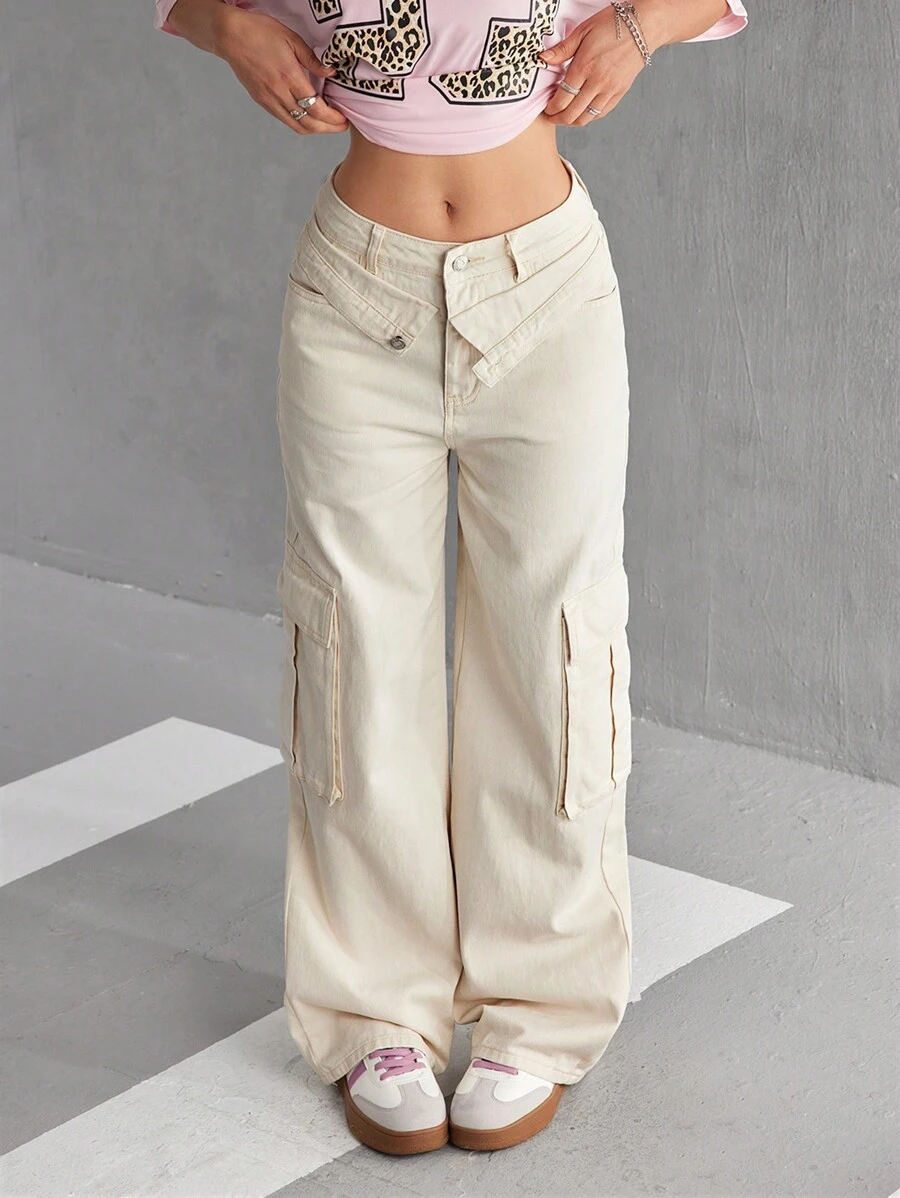 SHEIN EZwear 女士休闲纯色阔腿工装牛仔裤 - 杏色 - 查看 1