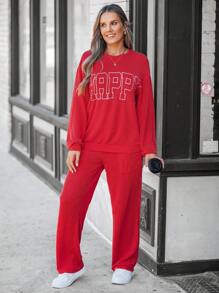 SHEIN LUNE Set de 2 piezas compuesto por sudadera con cuello redondo, estampado de letras y hombros caídos, talla grande pantalones de cintura elástica y pierna ancha para mujeres