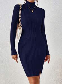 SHEIN Frenchy Turtleneck Split Hem Sweater Bodycon Black Grain Dress