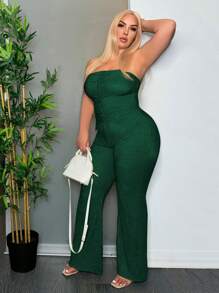 SHEIN SXY Ladies' Sexy Texture Green Tube Top With Button & Flared Pants Set - Dark Green - View 4