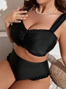 SHEIN Swim Curve Plus Size Cute Black Frill Trim Swimwear Set Summer - Black - View 3