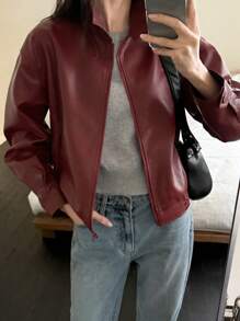 DAZY Women Casual Plain PU Regular Jacket, Spring,Fall Clothes - Burgundy - View 3
