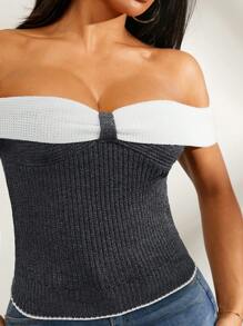 SHEIN SXY 休闲撞色露肩蝴蝶结针织毛衣 - 深灰色 - 查看 3