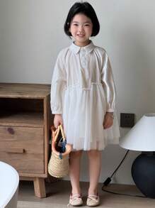 DAZY Young Girl Collared Mesh Patchwork Long Sleeve Woven Dress For Fall - White - View 8